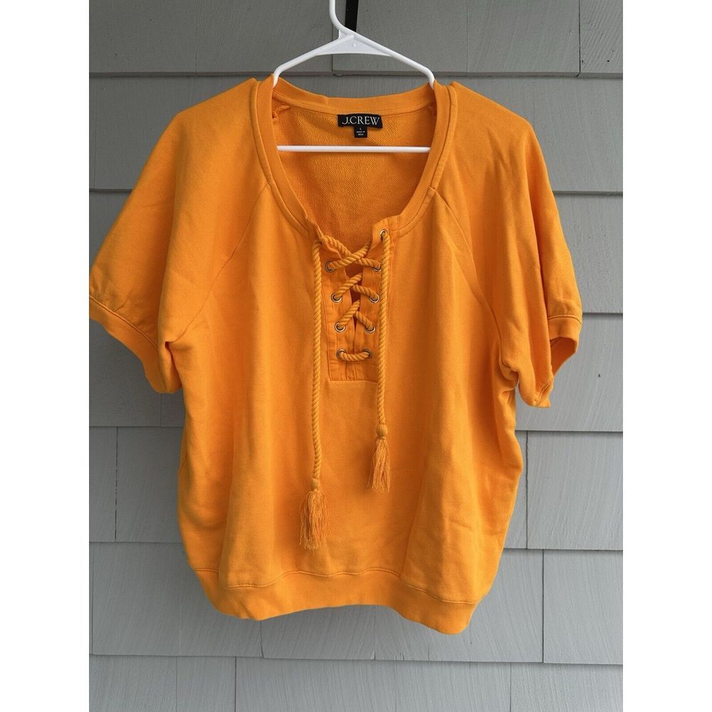 WOMEN'S J.CREW UNIVERSITY TERRY SHORT-SLEEVE LACE-UP‎ SHIRT- SZ:L MSRP:$79.50
